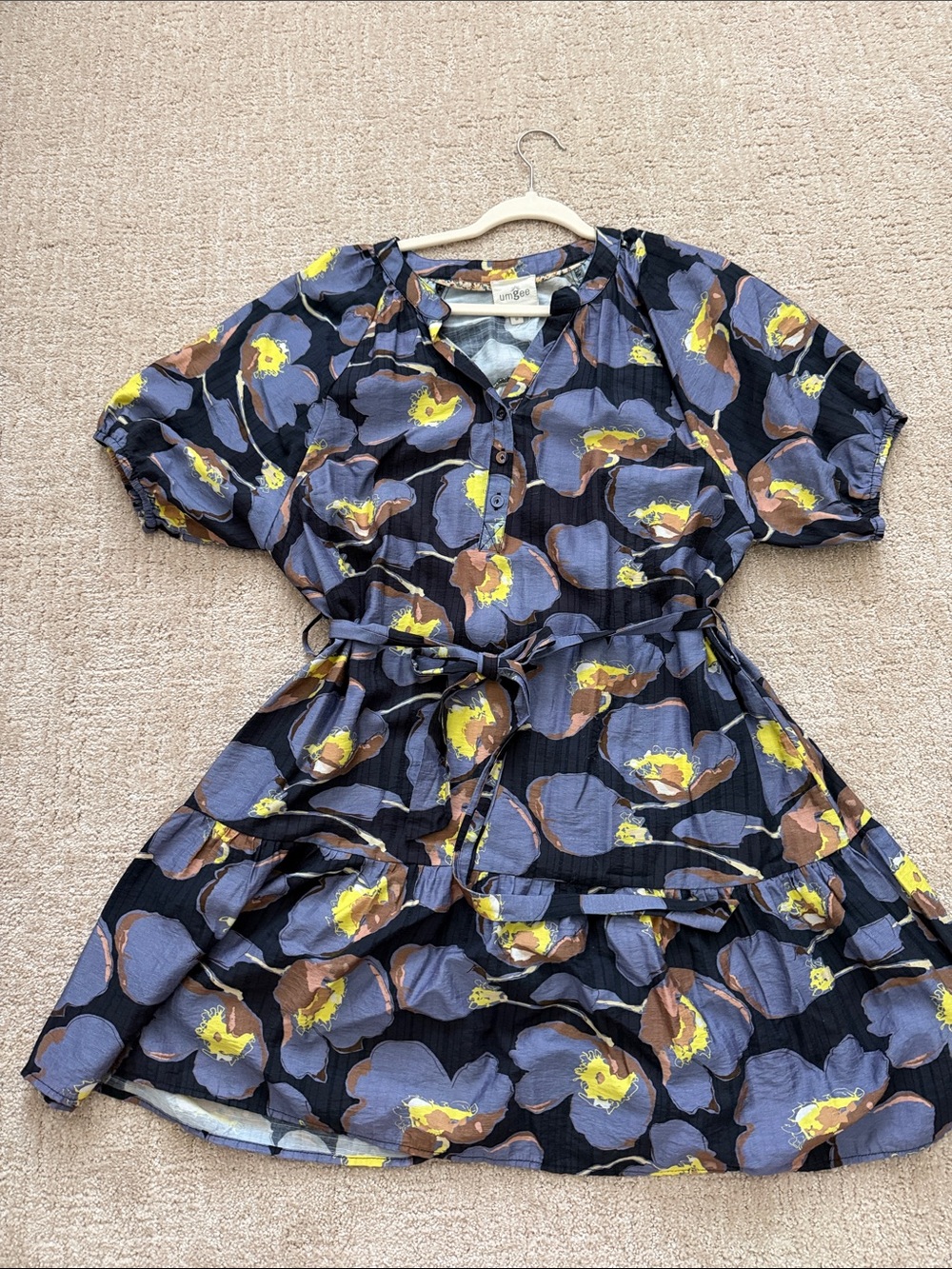 Umgee Navy Floral Tie-Waist Short Sleeve Dress with Yellow Accents